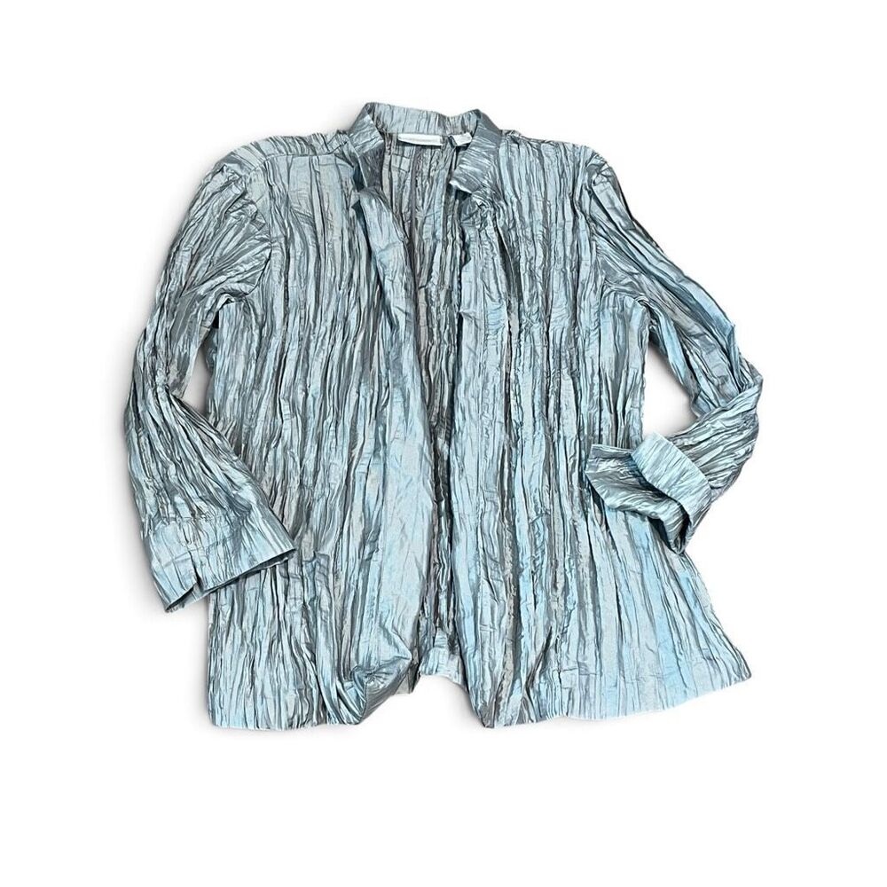 Chicos Crinkle Lightweight Jacket Silver Gray Lightweight Open Front Topper 3 XL